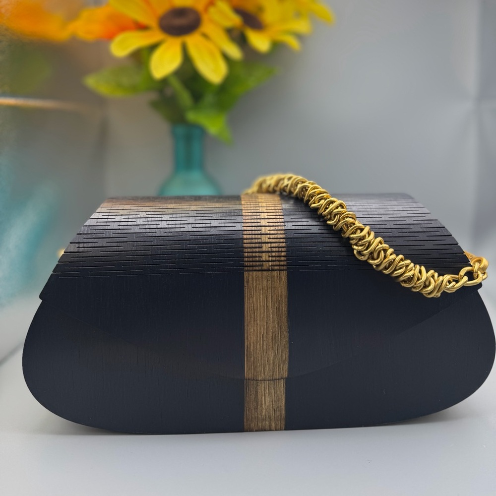 Handmade- Two-toned Navy/Oak Wood Clutch Bag with Stripe and Gold Chain - Picture 1 of 5